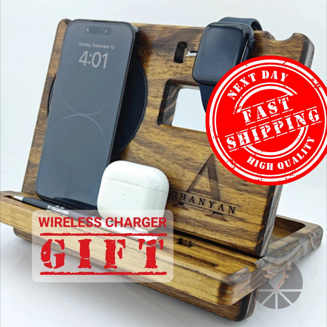 Custom Wooden Docking Station Apple watch stand iPhone charger wallet shelf Personalized Gift for him Valentine's Day gift couple lovers