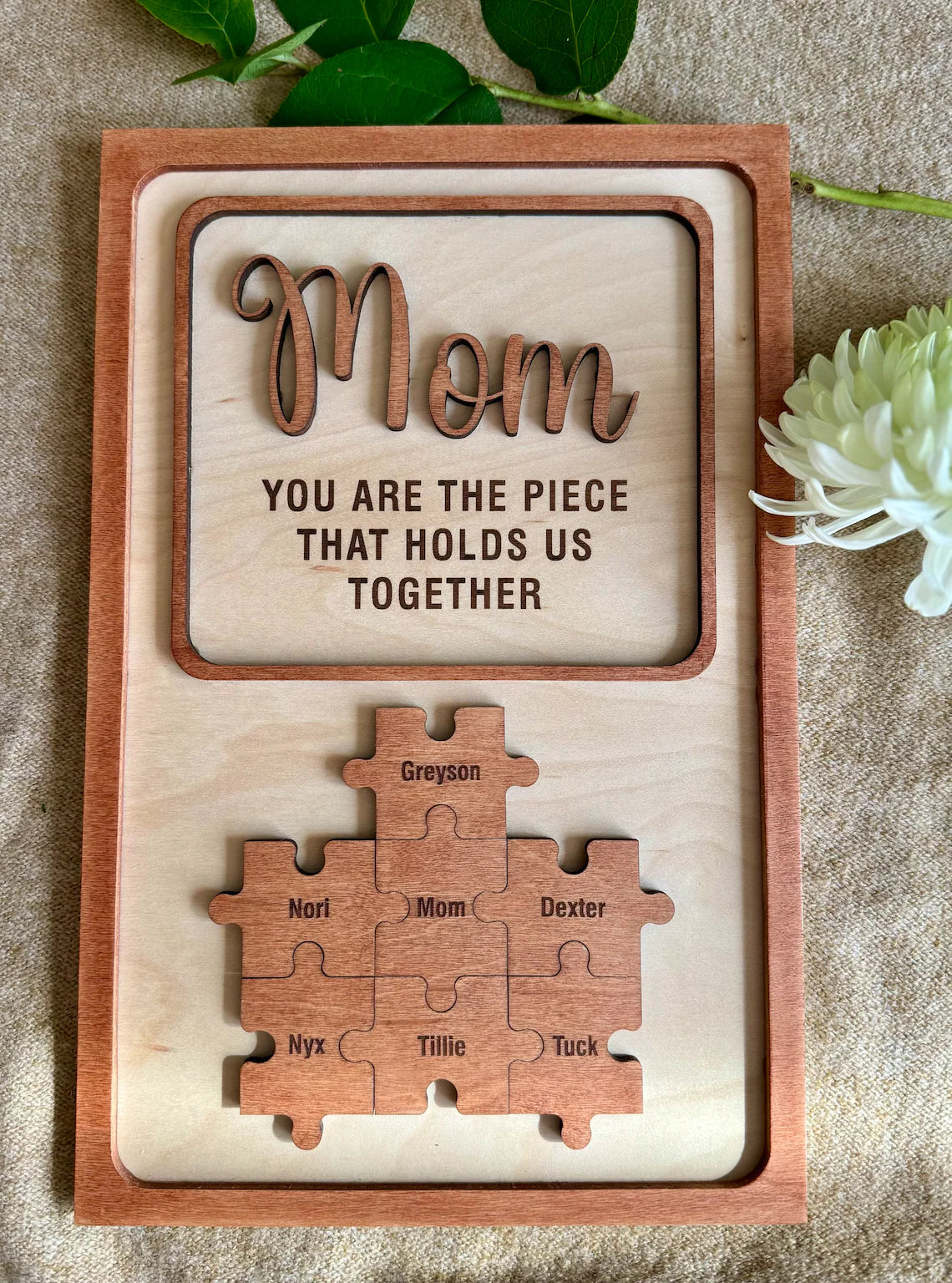 Mom Puzzle Sign Mother's Day Gift from Kids Husband Custom Engraved Wood Sign Piece That Holds Us Together Grandma Gift Personalized Unique