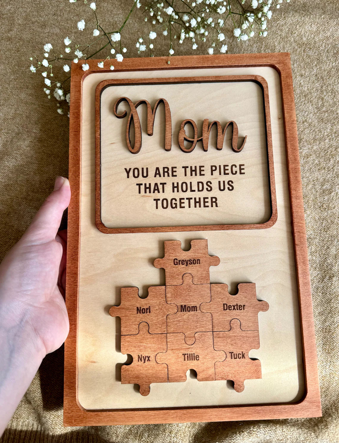 Mom Puzzle Sign Mother's Day Gift from Kids Husband Custom Engraved Wood Sign Piece That Holds Us Together Grandma Gift Personalized Unique