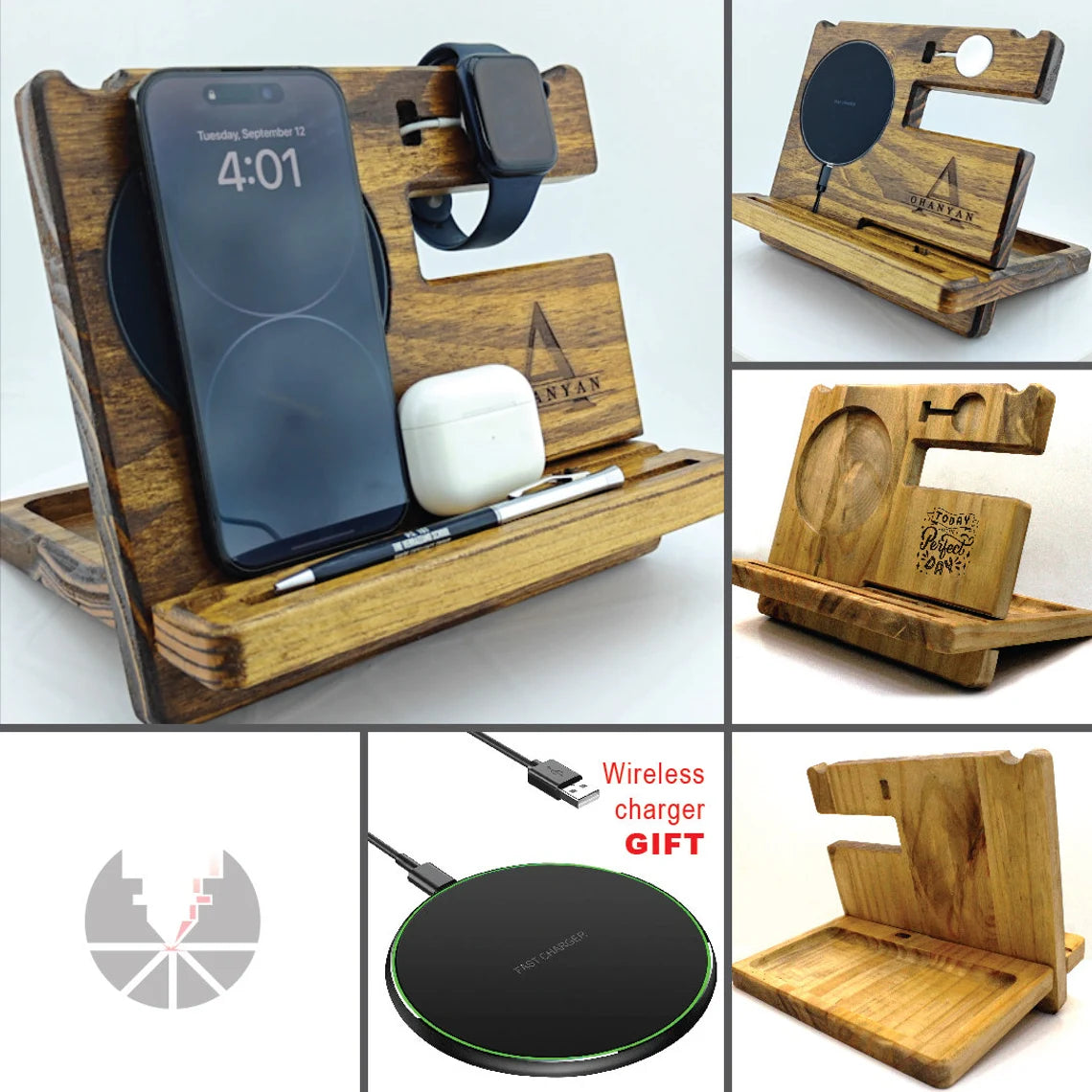 Custom Wooden Docking Station Apple watch stand iPhone charger wallet shelf Personalized Gift for him  Valentine's Day gift couple lovers