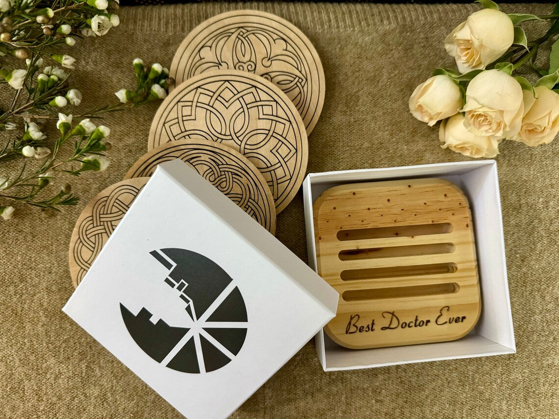 Custom Armenian Ornament Coasters with Holder Personalized Wood Coaster Set for Weddings & Housewarming Gifts