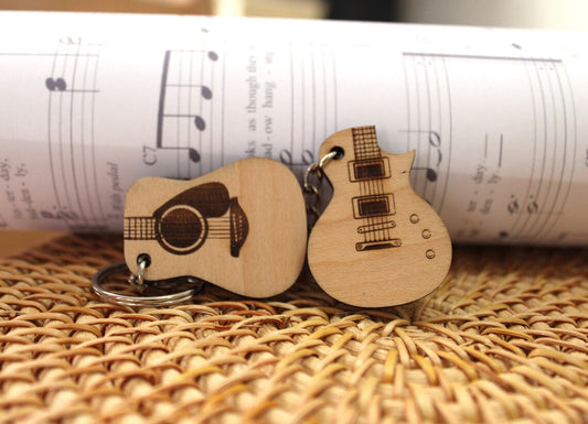 Wooden Guitar keychain Custom Engraved  acoustic electric keyring personalized Music Lover's text creative Spanish Mexican